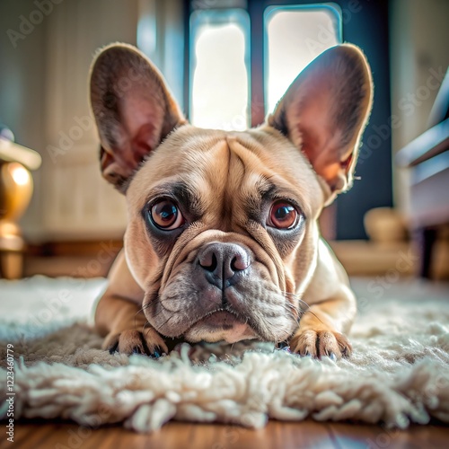 A playful French Bulldog lazes on a soft rug in a sunlit living room, its expressive eyes capturing the essence of comfort and warmth during a quiet afternoon indoors photo