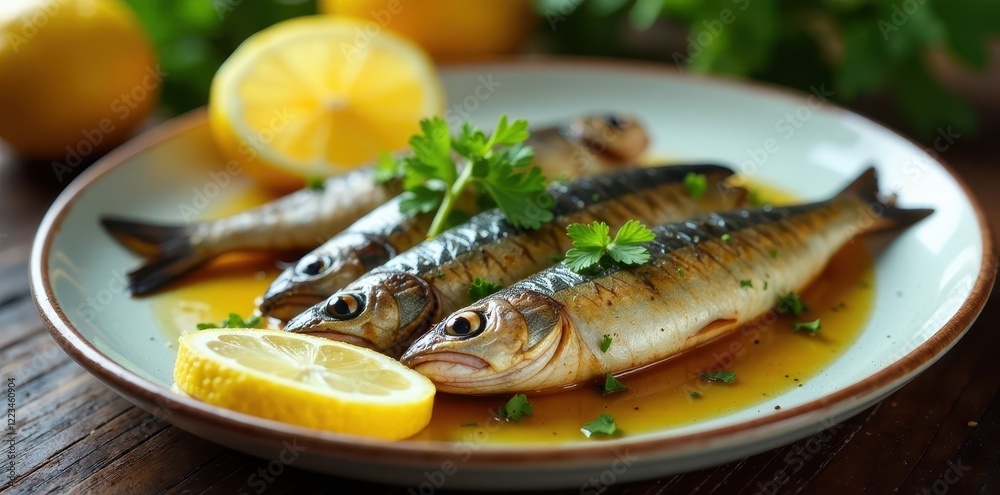 Grilled sardines with lemon, herbs, olive oil, Mediterranean backdrop , seafood platter, taste, mediterranean recipe Grilled sardines with lemon, herbs, olive oil, Mediterranean backdrop , seafood platter, taste, mediterranean recipe