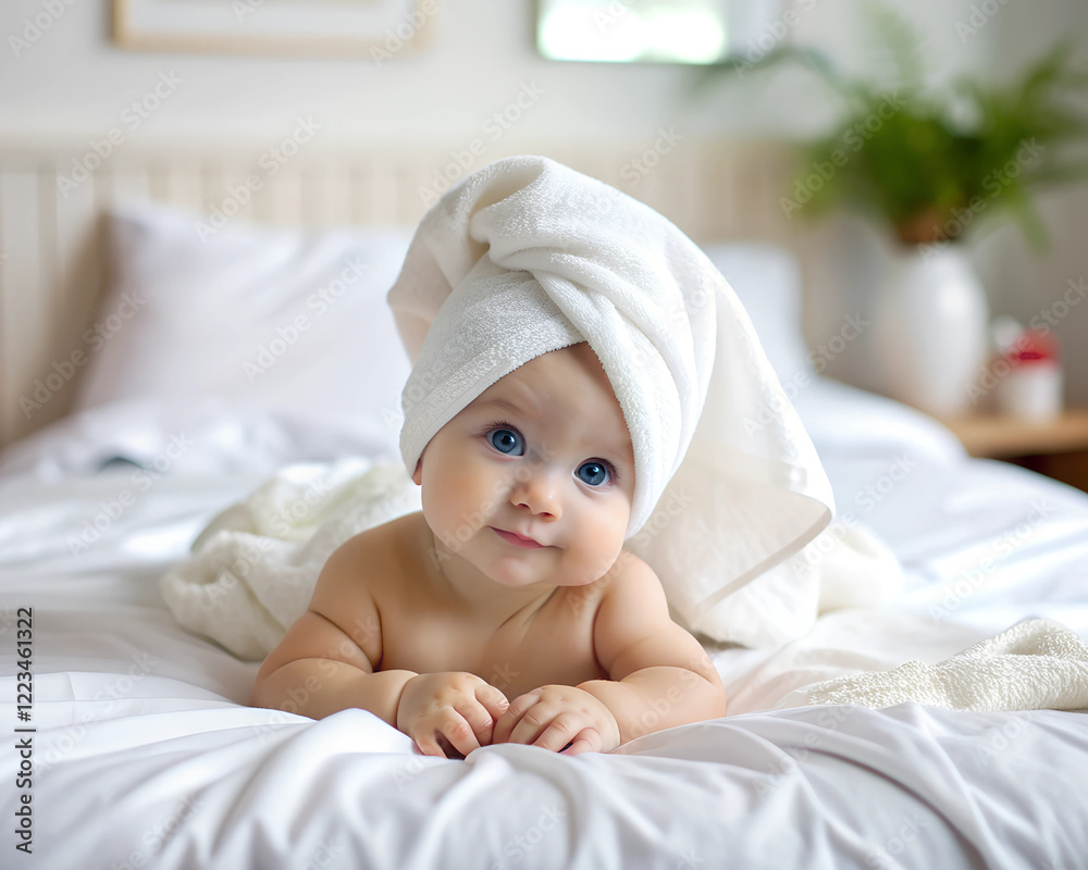 A charming baby lays on a comfortable bed, wearing a fluffy towel on their head. Their captivating blue eyes sparkle with curiosity as they explore their surroundings in a serene room A charming baby lays on a comfortable bed, wearing a fluffy towel on their head. Their captivating blue eyes sparkle with curiosity as they explore their surroundings in a serene room