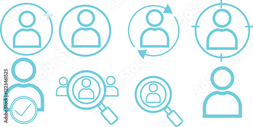 user profile icons, minimalist line art, flat design, high contrast, blue color scheme, simplistic style, basic geometric shapes, clean lines, modern aesthetic