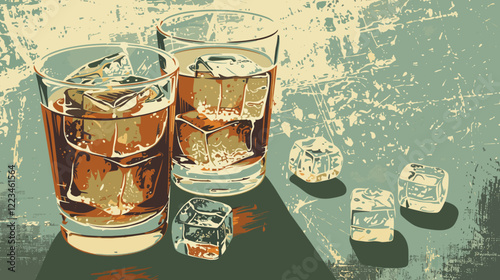 Vintage Toned Image of Whiskey on the Rocks in Glass on Wooden Surface