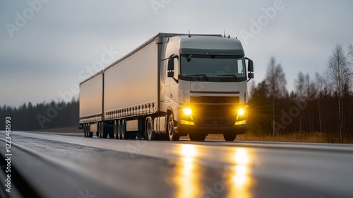 Elegant Nighttime shot of a cross country truck hauling a refrigerated cargo trailer on a wet highway illuminated by its glowing headlights and tail lights 