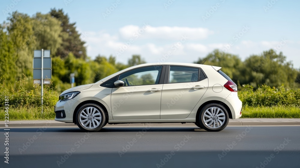 Elegant Student driver in a small compact car practicing three point turns on a quiet street with reflective road signs and clear blue skies around Elegant Student driver in a small compact car practicing three point turns on a quiet street with reflective road signs and clear blue skies around
