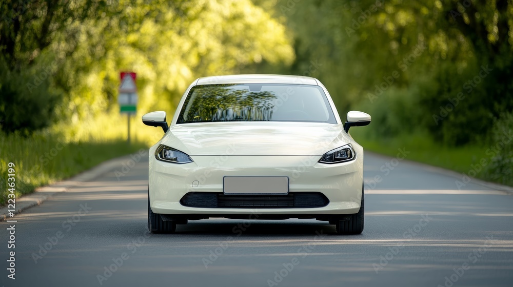 Elegant Student driver in a small compact car practicing three point turns on a quiet street with reflective road signs and clear blue skies around Elegant Student driver in a small compact car practicing three point turns on a quiet street with reflective road signs and clear blue skies around