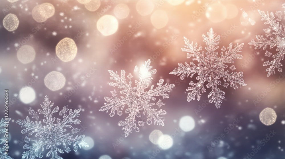Close-up of delicate snowflakes against a soft bokeh winter background Close-up of delicate snowflakes against a soft bokeh winter background
