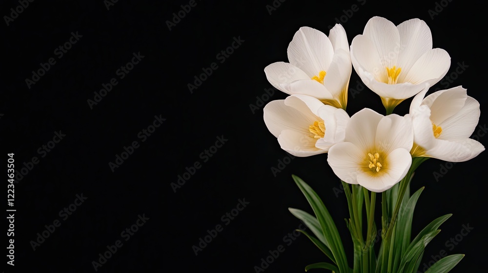 Naklejka premium A beautiful arrangement of white freesia flowers reveals their delicate structure and soft petals against a contrasting dark background.