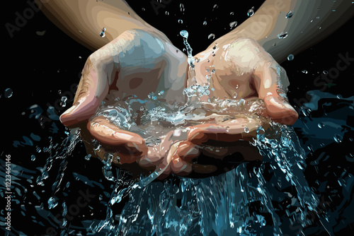 Water cascading into human hands amidst lush greenery, highlighting environmental issues