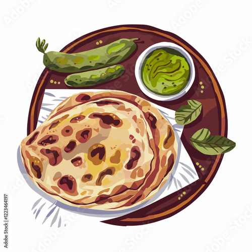 Traditional Indian Meal with Tandoori Roti and Chutneys Illustration