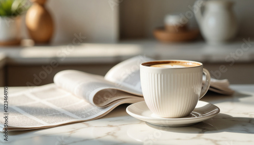Cup of coffee on marble table next to an open newspaper in a cozy interior