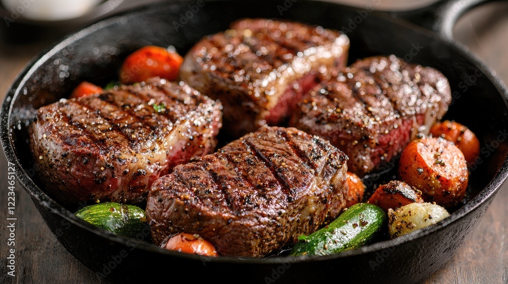 Grilled steaks and vegetables in cast iron skillet Grilled steaks and vegetables in cast iron skillet