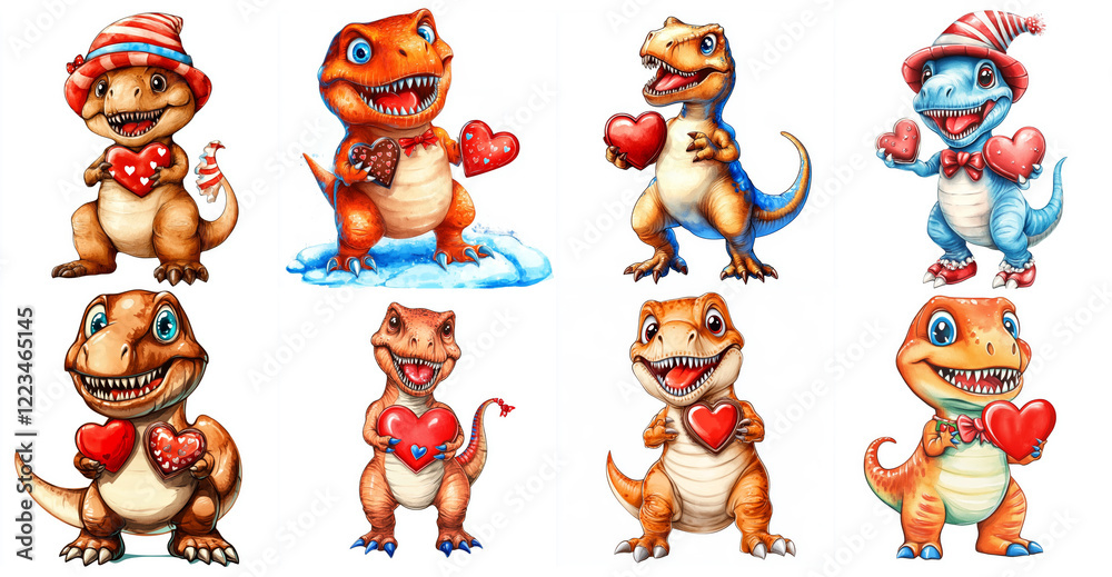 Obraz premium Cute Watercolor Valentine T-Rex Dinosaurs - Adorable watercolor dinosaurs, hearts, chocolates, Valentines Day, cute clipart.