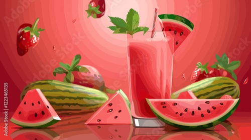 Watermelon Smoothie and Fresh Melon Slices on Wooden Table photo