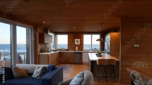 4K video rendering of modern cozy interior with living,dining zone stair and kitchen for sale or rent with wood plank by the sea or ocean. 