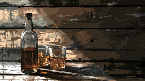 Whiskey bottle and two glasses on rustic wooden table with cozy ambient lighting background