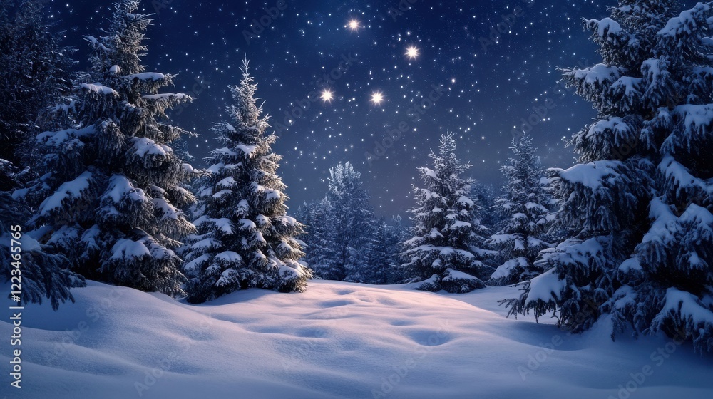 Starry night snowfall in tranquil winter pine forest landscape Starry night snowfall in tranquil winter pine forest landscape