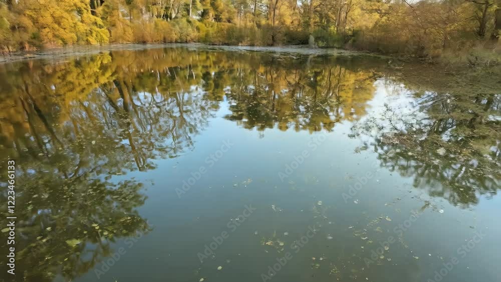 Calm pond reflecting surrounding trees, with ripples creating a mirror-like abstract landscape. Concept of tranquility and nature's artistry Calm pond reflecting surrounding trees, with ripples creating a mirror-like abstract landscape. Concept of tranquility and nature's artistry