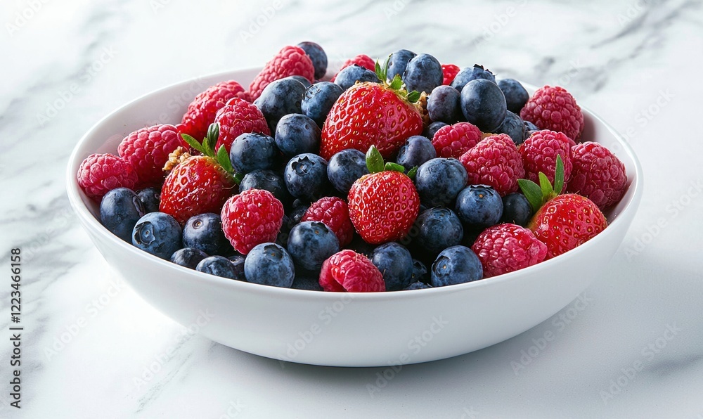 Colorful berry medley in a white ceramic bowl inviting summer freshness and vibrant flavors Colorful berry medley in a white ceramic bowl inviting summer freshness and vibrant flavors