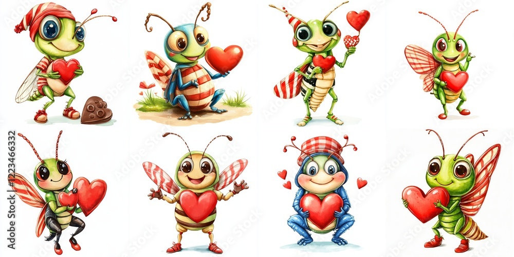 Fototapeta premium Cute Valentine Grasshoppers with Hearts - Adorable cartoon grasshoppers holding hearts, symbolizing love, friendship, Valentine's Day, sweetness, and spring.