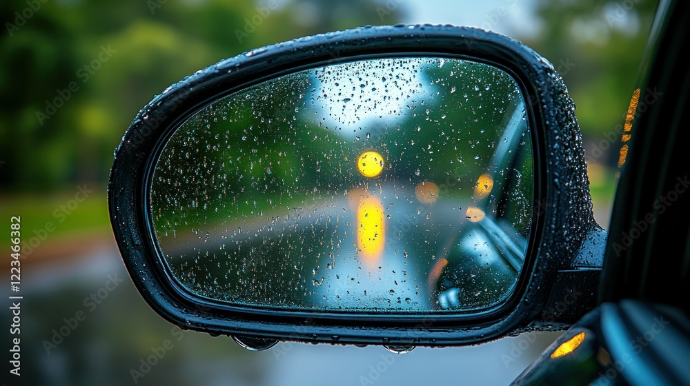 Rainy day, car mirror, park, blurred lights Rainy day, car mirror, park, blurred lights