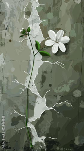 White flower blooming through cracked concrete pillar, highlighting resilience and nature's beauty