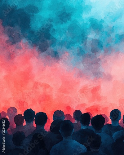 A crowd silhouetted against a vibrant, smoky backdrop of blue and red hues, creating an atmospheric and emotive scene.