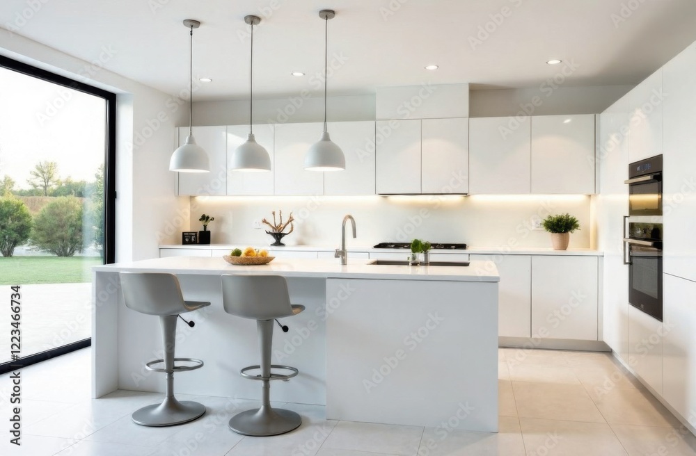 Fototapeta premium Modern white kitchen with minimalist design, featuring sleek cabinets, an island with a sink, and large windows offering a view of nature
