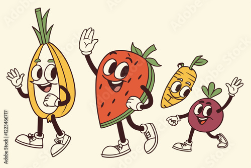 Colorful cartoon characters, anthropomorphic fruits and vegetables, retro style illustrations, expressive faces, waving hands, happy emotions, vibrant colors, simple designs, various shapes and sizes,