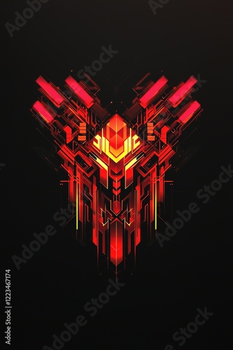 A striking geometric design featuring sharp, angular shapes in vibrant red hues set against a dark background, creating a bold visual impact.