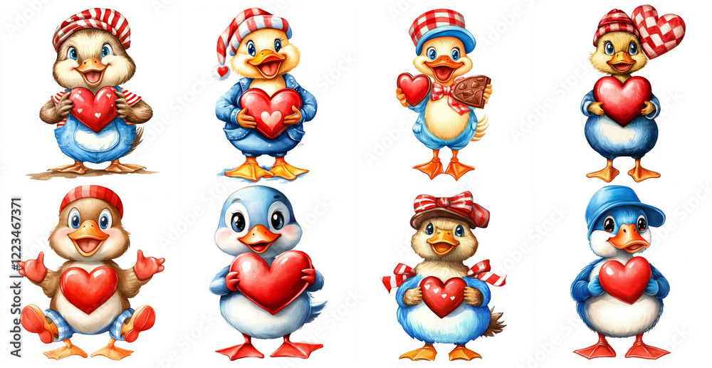 Fototapeta premium Cute Watercolor Ducks with Valentine Hearts - Adorable cartoon ducks holding hearts, symbolizing love, affection, Valentine's Day, cuteness, and springtime.