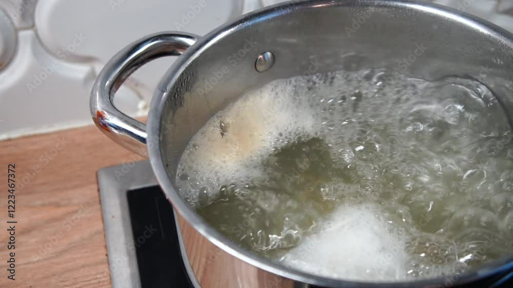 Close up of boiling water in a pot