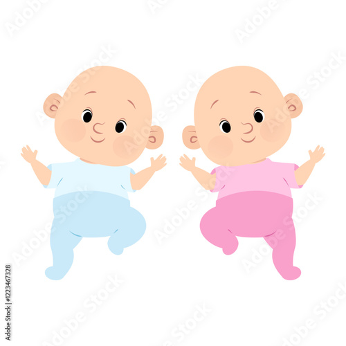 Two little babies girl and boy in pink and blue clothes