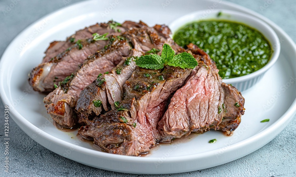 Roasted lamb served with mint sauce on a white plate, highlighting a classic Irish dish in an elegant setting Roasted lamb served with mint sauce on a white plate, highlighting a classic Irish dish in an elegant setting