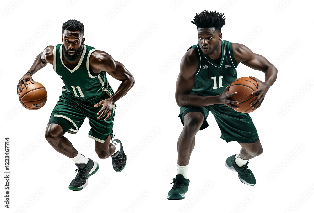 African American male basketball player. green basketball uniform , holding a basketball in the palm of his hand in the air. transparent background
