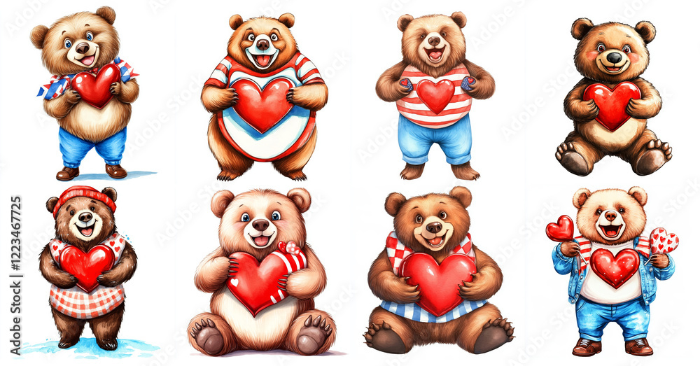 Fototapeta premium Cute Watercolor Grizzly Bears with Valentine Hearts - Adorable grizzly bears, watercolor style, holding valentine hearts, symbolizing love, friendship, sweetness, care, and celebration.