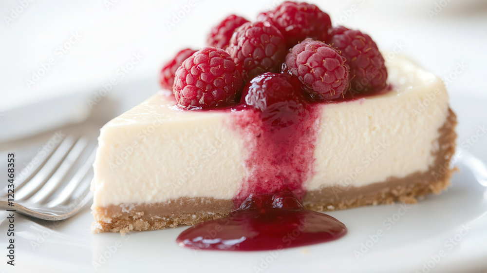 Delicious slice of creamy white chocolate raspberry cheesecake with fresh raspberries and pink sauce on porcelain plate Delicious slice of creamy white chocolate raspberry cheesecake with fresh raspberries and pink sauce on porcelain plate
