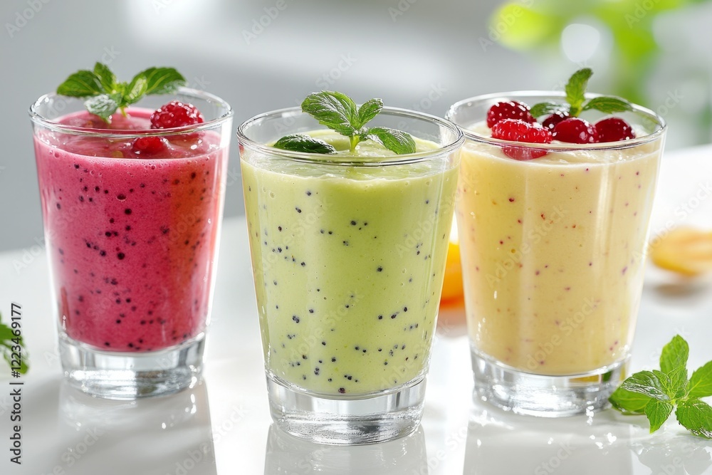 Three vibrant smoothies with fresh fruit garnishes on a white surface Three vibrant smoothies with fresh fruit garnishes on a white surface