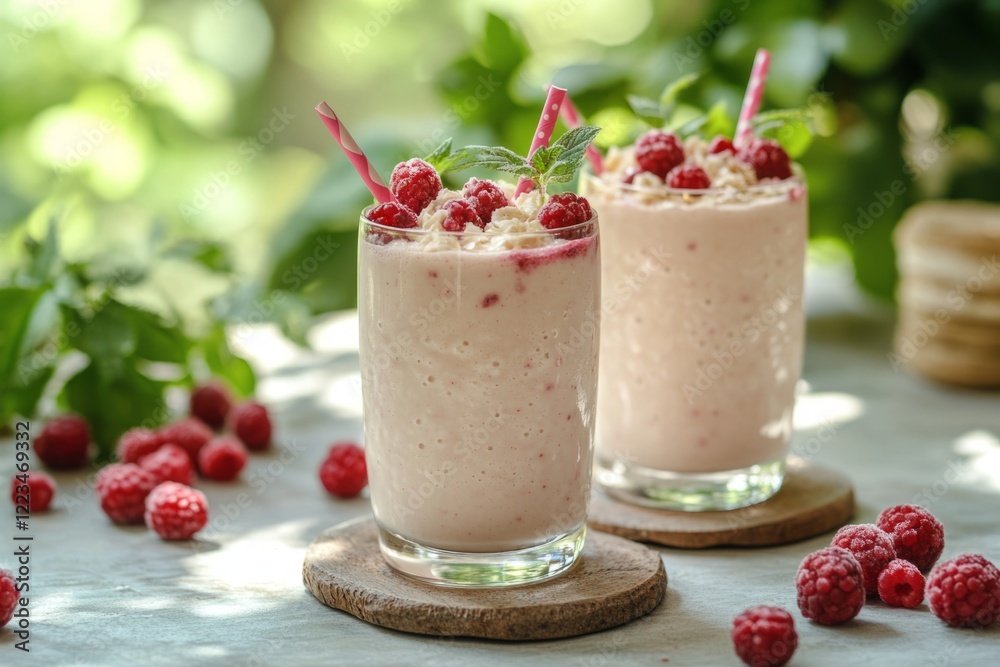 Creamy raspberry smoothies topped with mint and straws on a sunny day Creamy raspberry smoothies topped with mint and straws on a sunny day