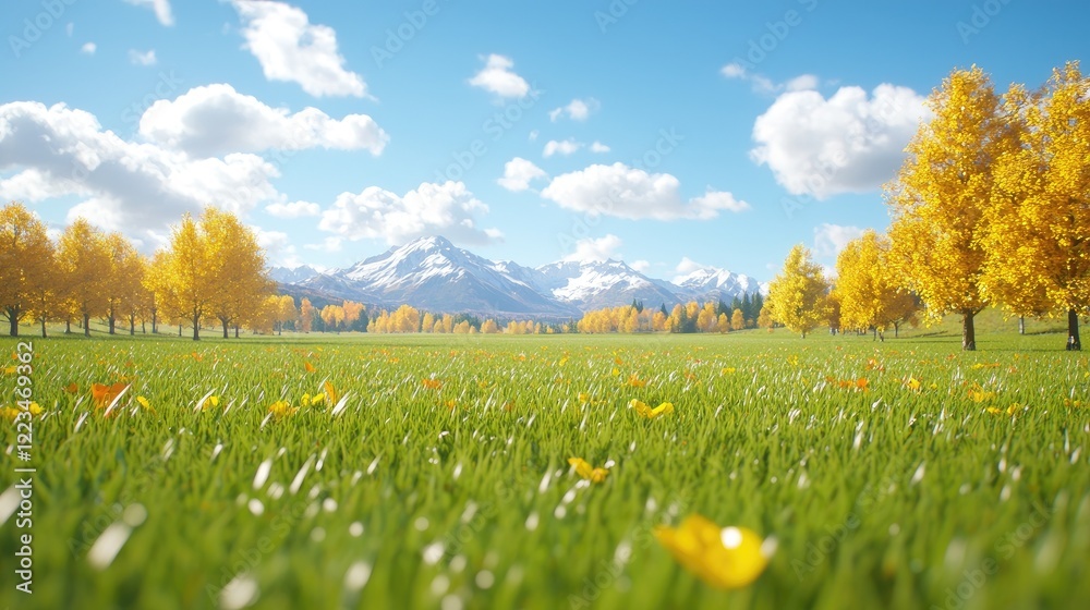 Obraz premium Autumnal meadow, mountains, sunny sky; idyllic landscape for nature, travel, or seasonal design
