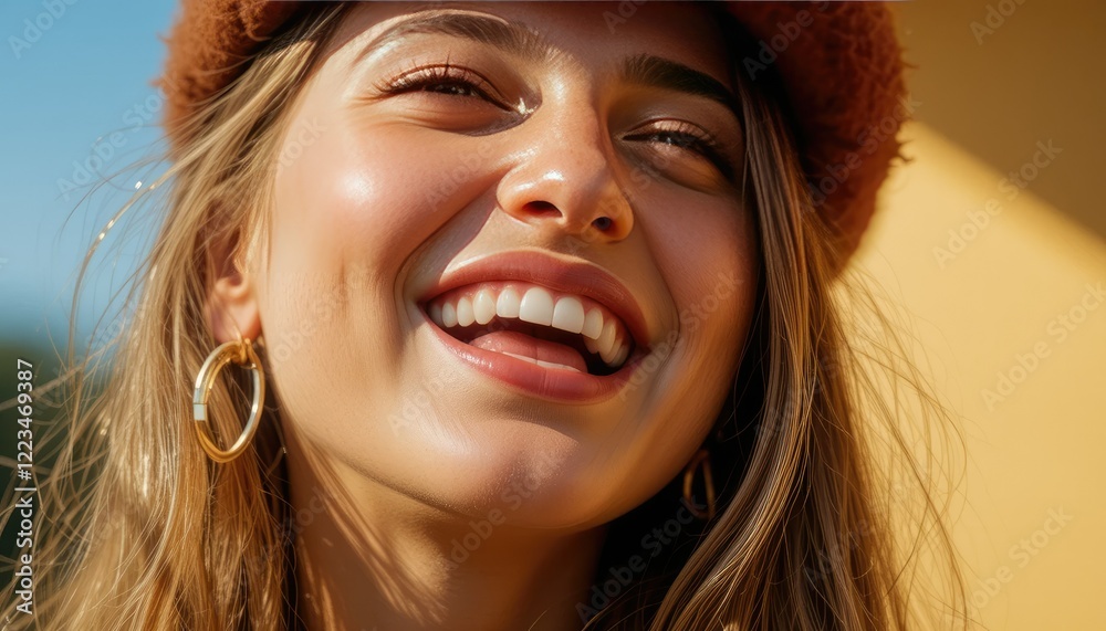 A candid close-up of a model laughing, with a tilted beret and a gold hoop nose ring, their vibrant energy captured in natural, warm lighting A candid close-up of a model laughing, with a tilted beret and a gold hoop nose ring, their vibrant energy captured in natural, warm lighting