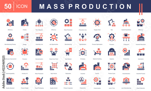 Icon set showcasing Mass Production, including factories, assembly lines, automation, efficiency, quality control, and industrial processes. Ideal for manufacturing and industrial projects.