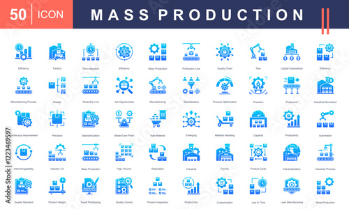 Icon set showcasing Mass Production, including factories, assembly lines, automation, efficiency, quality control, and industrial processes. Ideal for manufacturing and industrial projects.