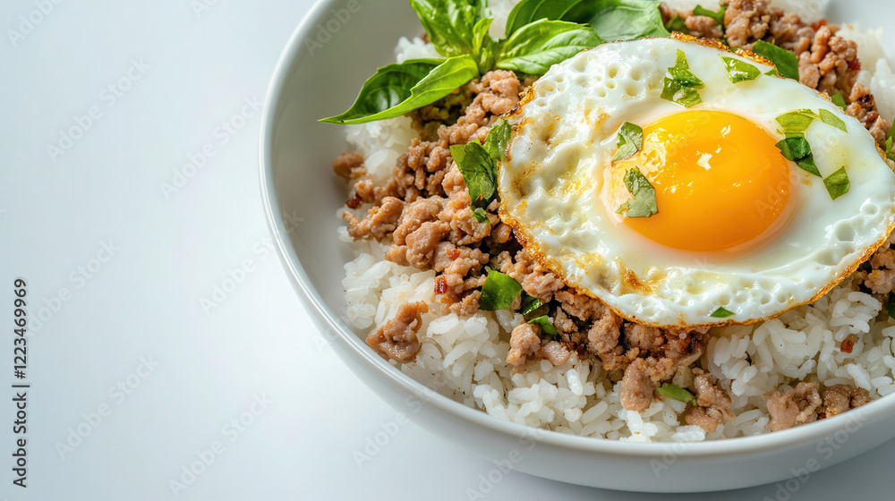 Delicious minced chicken and basil over rice with a fried egg on a clean table, captured in high resolution under studio lights, healthy breakfast with fried egg, omelette Delicious minced chicken and basil over rice with a fried egg on a clean table, captured in high resolution under studio lights, healthy breakfast with fried egg, omelette