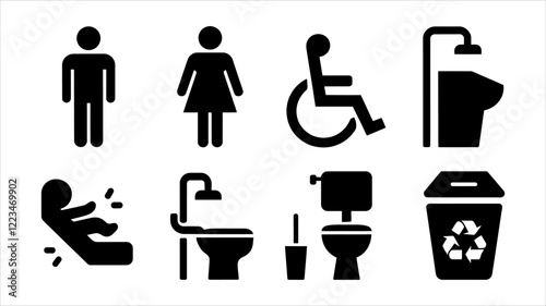 Restroom and Hygiene-Related Icons Set Featuring Men, Women, Handicap, and Facilities