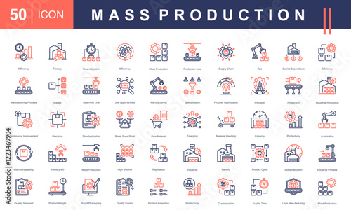 Icon set showcasing Mass Production, including factories, assembly lines, automation, efficiency, quality control, and industrial processes. Ideal for manufacturing and industrial projects.