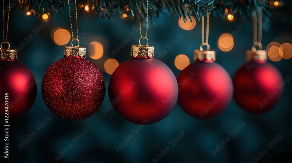 Fototapeta premium Red Christmas ornaments hanging tree lights bokeh