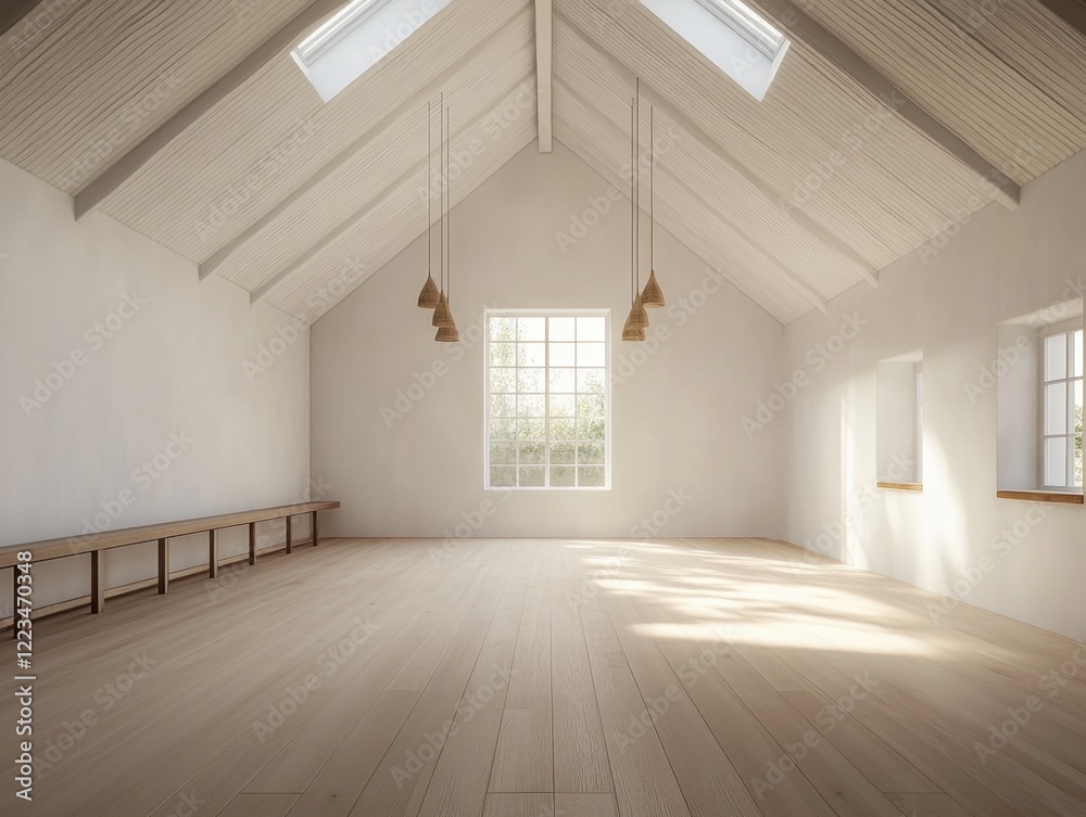 A large room with a lot of windows and a wooden floor. There are no people in the room A large room with a lot of windows and a wooden floor. There are no people in the room