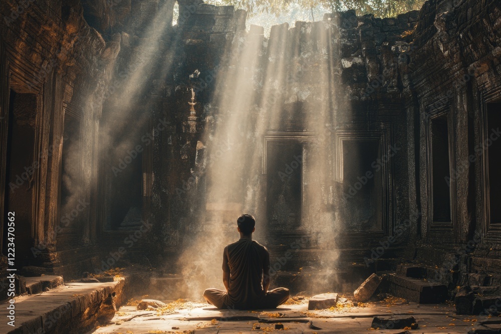 Obraz premium Monk meditating in ancient temple ruins with sunbeams illuminating dust particles