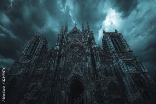 Dramatic clouds loom over an intricate gothic cathedral facade photo