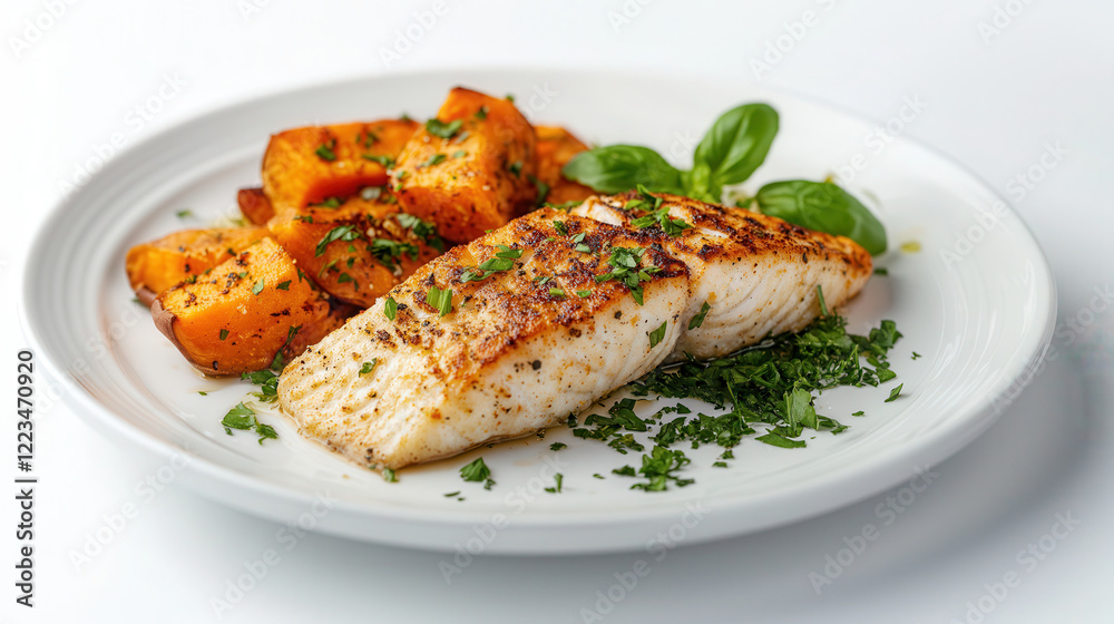Delicious baked sweet potato and fish fillet served on a white plate against a minimalist white background for a fresh culinary experience Delicious baked sweet potato and fish fillet served on a white plate against a minimalist white background for a fresh culinary experience