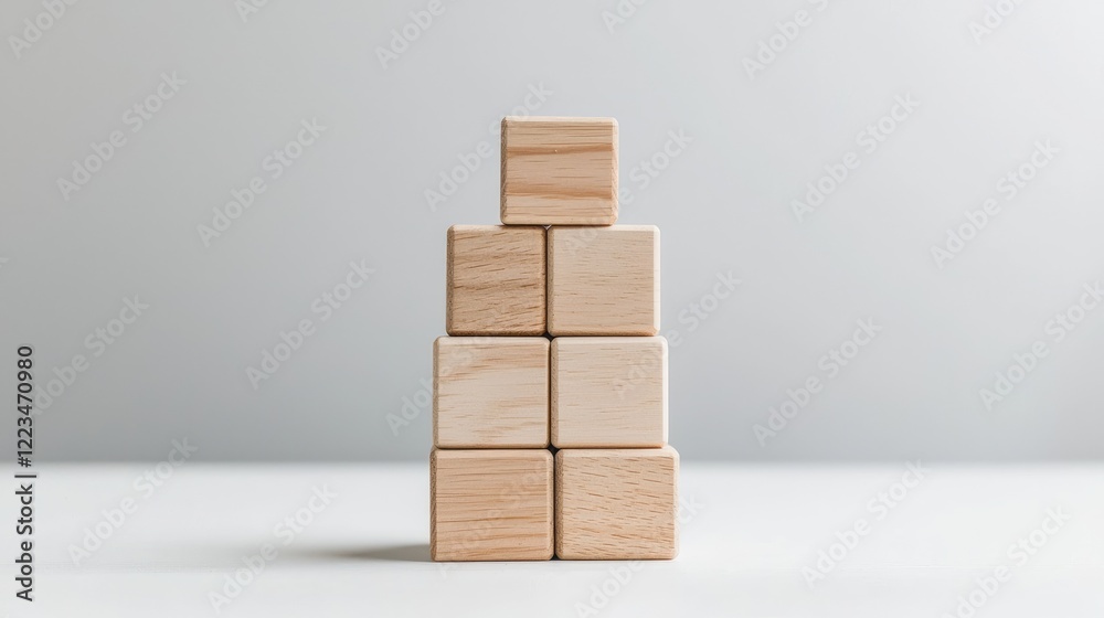 Wooden blocks stacked pyramidally on white surface, neutral background; growth, success concept Wooden blocks stacked pyramidally on white surface, neutral background; growth, success concept